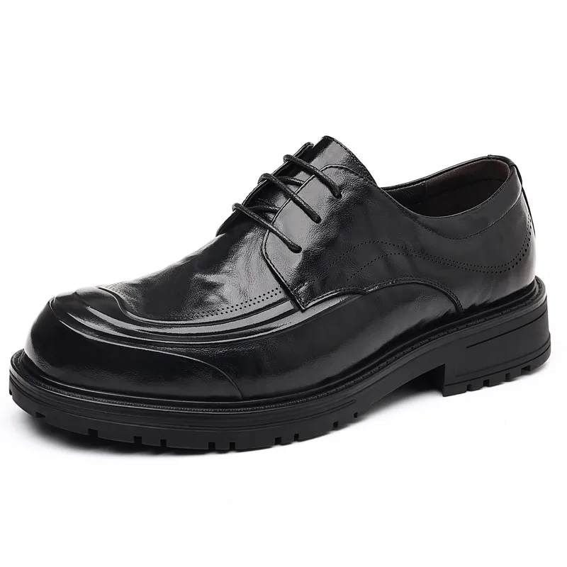 Men's Genuine Leather Derby Dress Shoes - First Layer Cowhide, Comfortable Wide Toe, Autumn Fashion, Classy Wedding Groom Shoes thumbnail 5