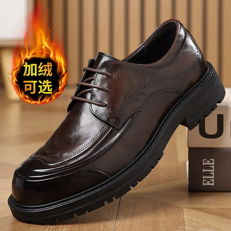 Men's Genuine Leather Derby Dress Shoes - First Layer Cowhide, Comfortable Wide Toe, Autumn Fashion, Classy Wedding Groom Shoes thumbnail 3