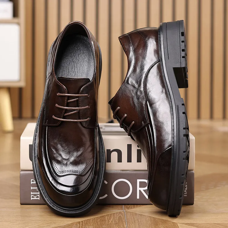 Men's Genuine Leather Derby Dress Shoes - First Layer Cowhide, Comfortable Wide Toe, Autumn Fashion, Classy Wedding Groom Shoes thumbnail 7