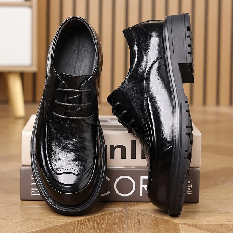 Men's Genuine Leather Derby Dress Shoes - First Layer Cowhide, Comfortable Wide Toe, Autumn Fashion, Classy Wedding Groom Shoes thumbnail 8