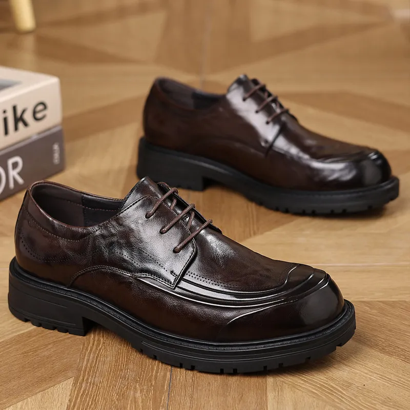 Men's Genuine Leather Derby Dress Shoes - First Layer Cowhide, Comfortable Wide Toe, Autumn Fashion, Classy Wedding Groom Shoes thumbnail 2