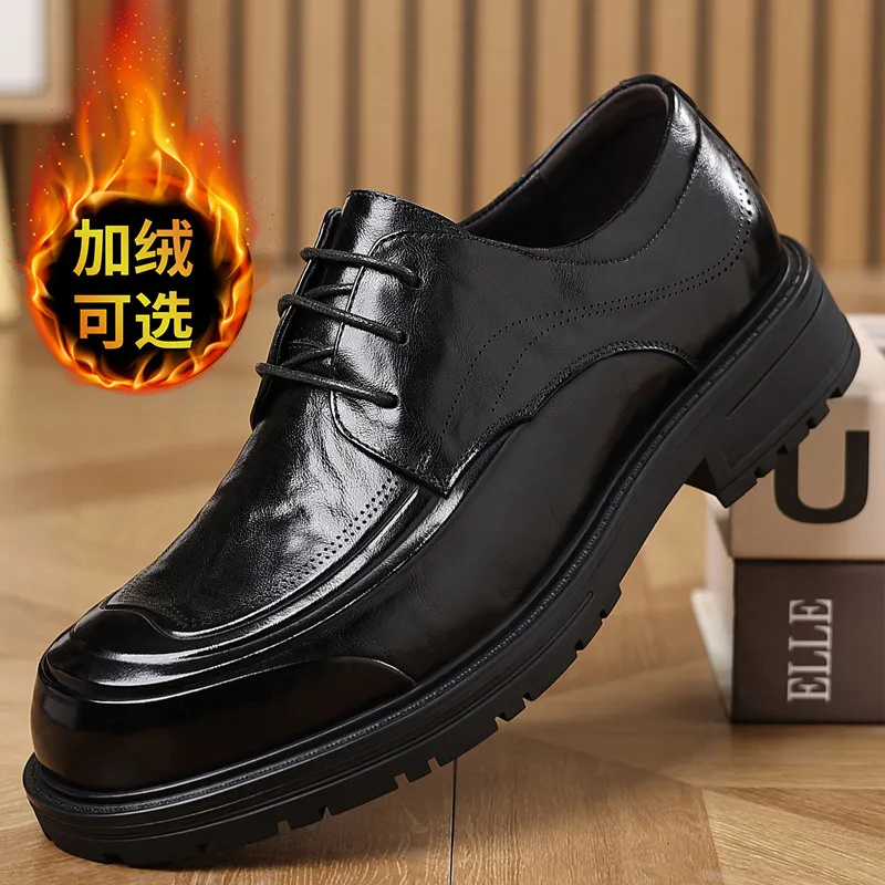 Men's Genuine Leather Derby Dress Shoes - First Layer Cowhide, Comfortable Wide Toe, Autumn Fashion, Classy Wedding Groom Shoes thumbnail 4