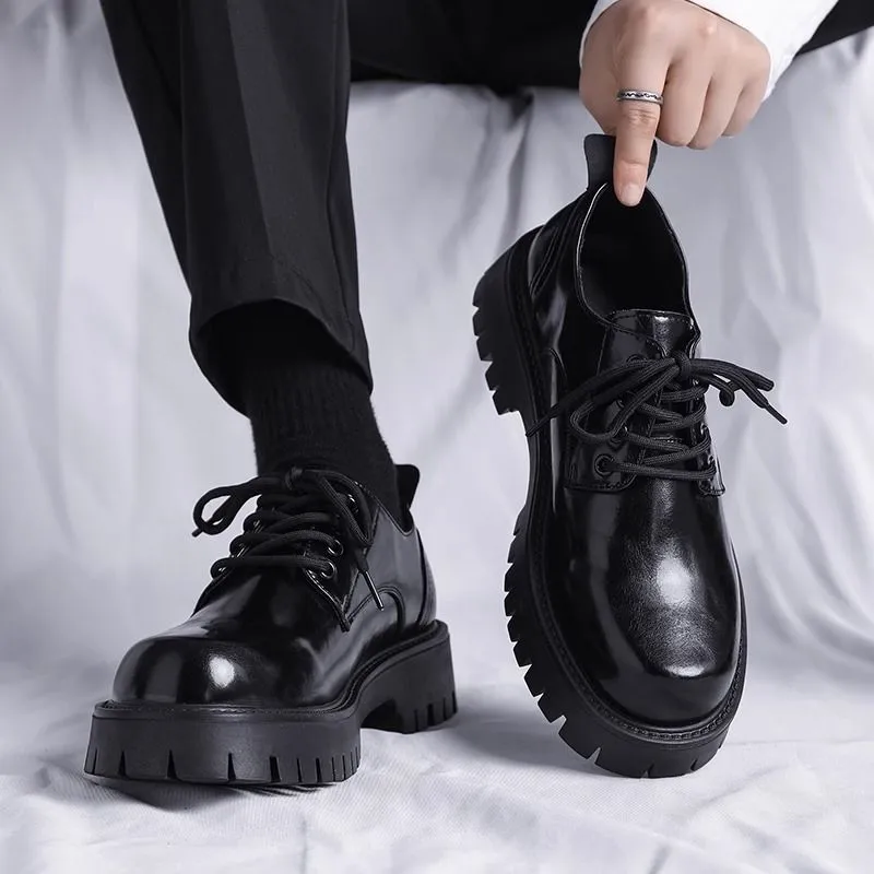 Men's Leather Dress Shoes - Black Casual British Style Soft Sole Business Shoes for Wedding, Groom, and Everyday Wear - Height Increasing thumbnail 1