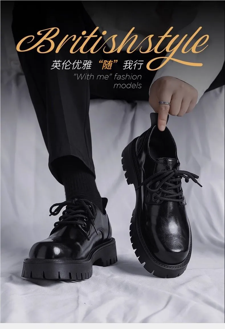 Men's Leather Dress Shoes - Black Casual British Style Soft Sole Business Shoes for Wedding, Groom, and Everyday Wear - Height Increasing showcase 1