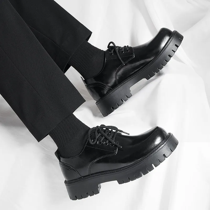 Men's Leather Dress Shoes Thick Sole Height Increasing British Style Derby Shoes Low-Cut Winter Martin Boots thumbnail 6