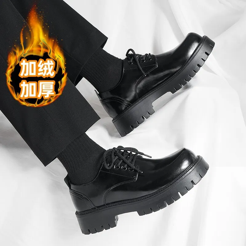 Men's Leather Dress Shoes Thick Sole Height Increasing British Style Derby Shoes Low-Cut Winter Martin Boots thumbnail 7