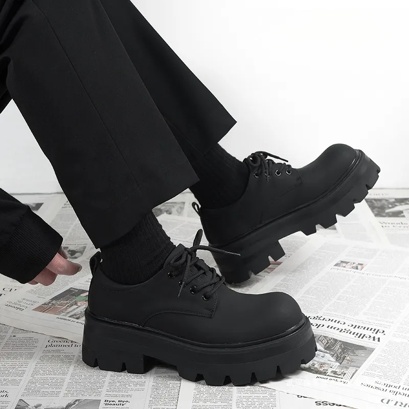 Men's Thick Sole Height Increasing Derby Shoes - Matte Black Leather Casual British Style Dress Shoes for Formal Occasions thumbnail 1