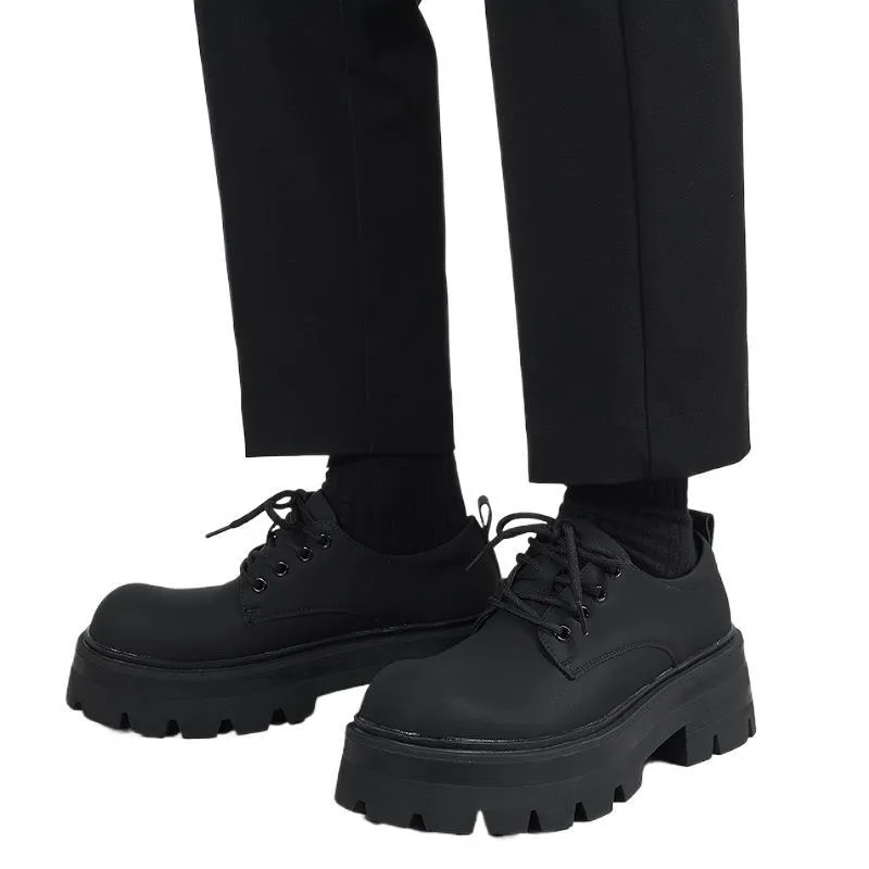 Men's Thick Sole Height Increasing Derby Shoes - Matte Black Leather Casual British Style Dress Shoes for Formal Occasions thumbnail 5