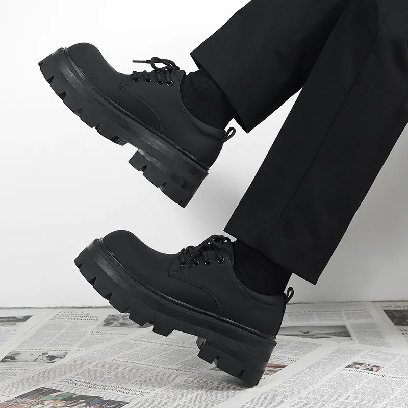 Men's Thick Sole Height Increasing Derby Shoes - Matte Black Leather Casual British Style Dress Shoes for Formal Occasions thumbnail 2