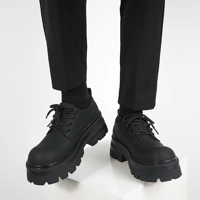 Men's Thick Sole Height Increasing Derby Shoes - Matte Black Leather Casual British Style Dress Shoes for Formal Occasions thumbnail 4