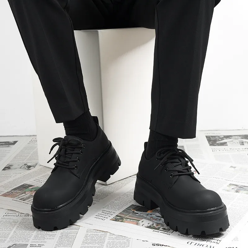 Men's Thick Sole Height Increasing Derby Shoes - Matte Black Leather Casual British Style Dress Shoes for Formal Occasions thumbnail 3