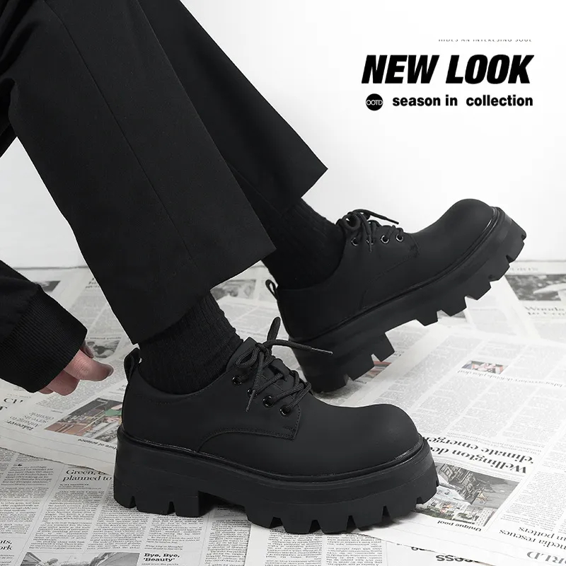 Men's Thick Sole Height Increasing Derby Shoes - Matte Black Leather Casual British Style Dress Shoes for Formal Occasions thumbnail 7
