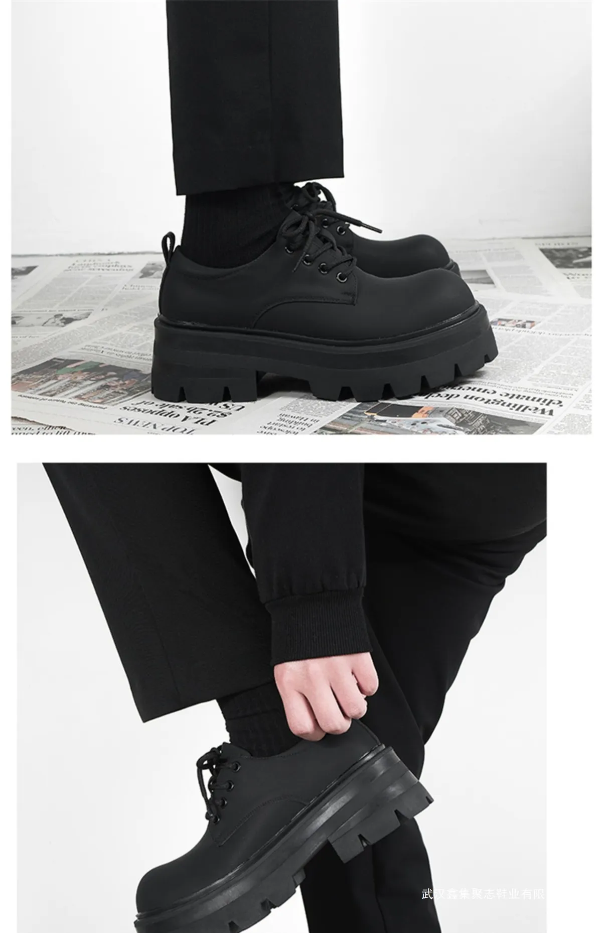 Men's Thick Sole Height Increasing Derby Shoes - Matte Black Leather Casual British Style Dress Shoes for Formal Occasions showcase 5