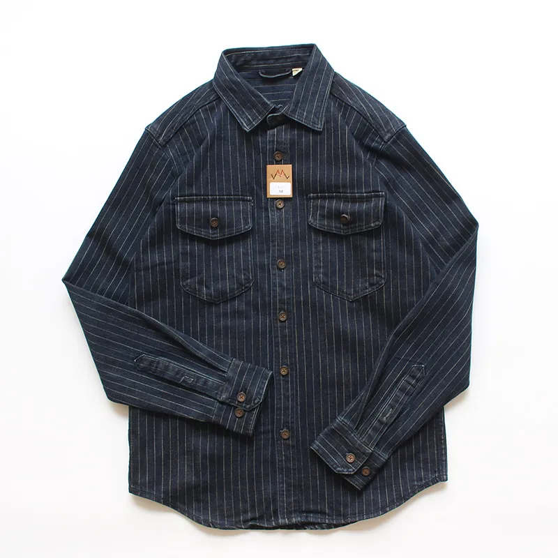 Men's Retro Striped Denim Shirt Jacket, Casual Loose Fit Long Sleeve Workwear Top for Spring/Autumn Fashion thumbnail 1
