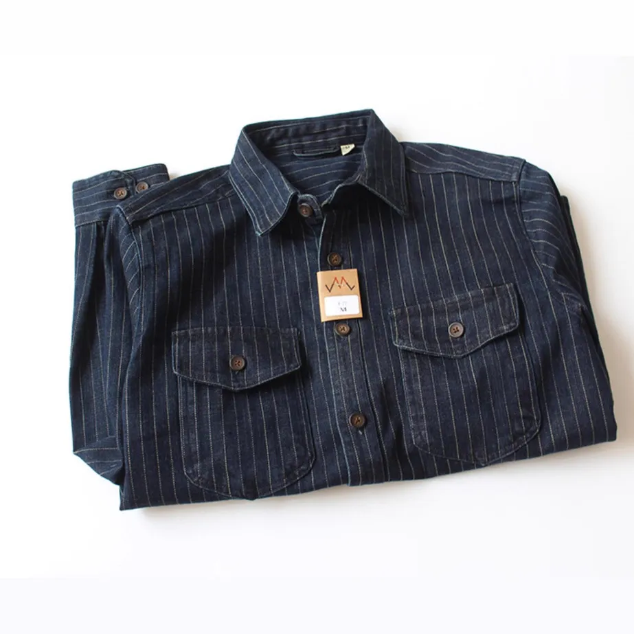 Men's Retro Striped Denim Shirt Jacket, Casual Loose Fit Long Sleeve Workwear Top for Spring/Autumn Fashion thumbnail 3