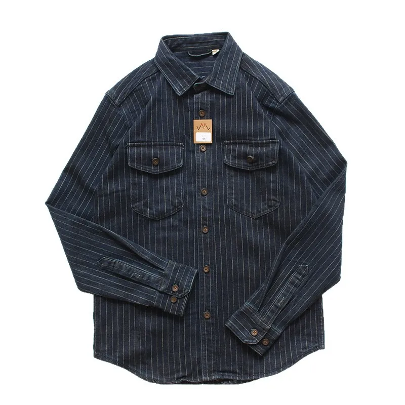 Men's Retro Striped Denim Shirt Jacket, Casual Loose Fit Long Sleeve Workwear Top for Spring/Autumn Fashion thumbnail 5