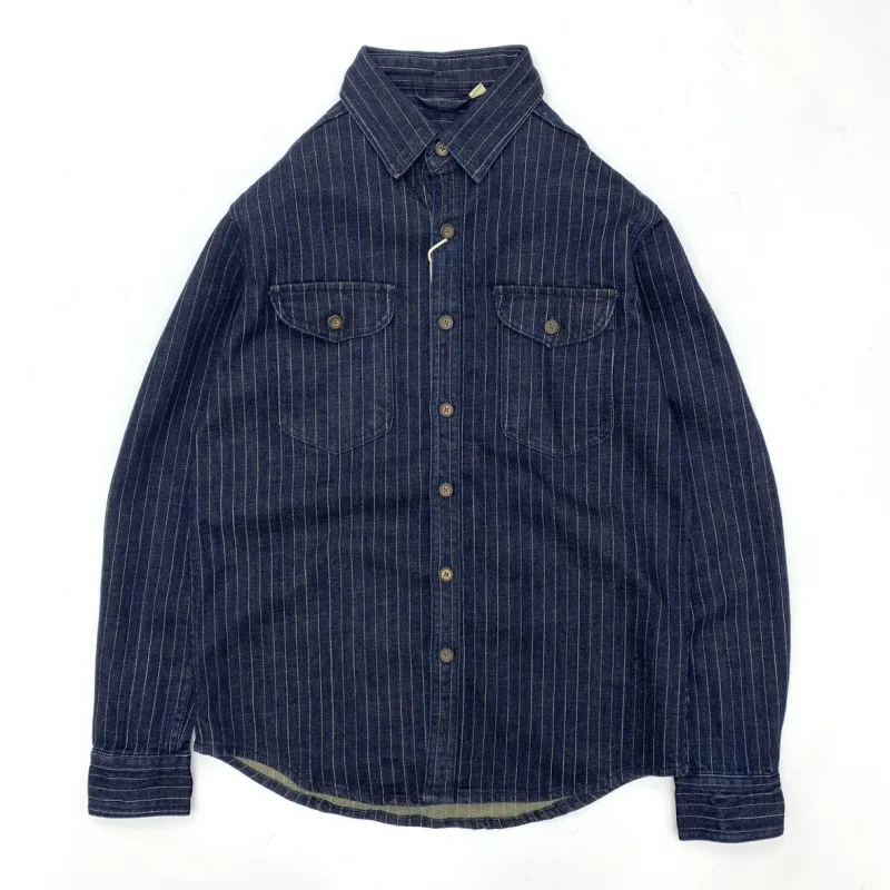 Men's Retro Striped Denim Shirt Jacket, Casual Loose Fit Long Sleeve Workwear Top for Spring/Autumn Fashion thumbnail 6