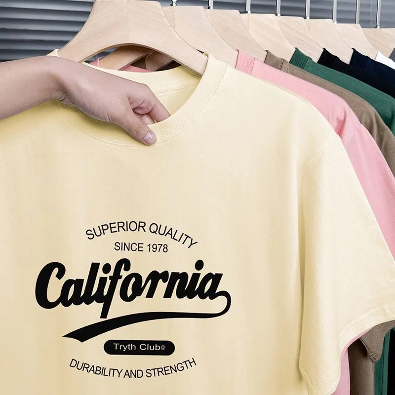Men's 200g Heavy American Cotton T-Shirt - Short Sleeve Loose Fit Crewneck Tee - Summer Fashion Printed Top for Men thumbnail 6