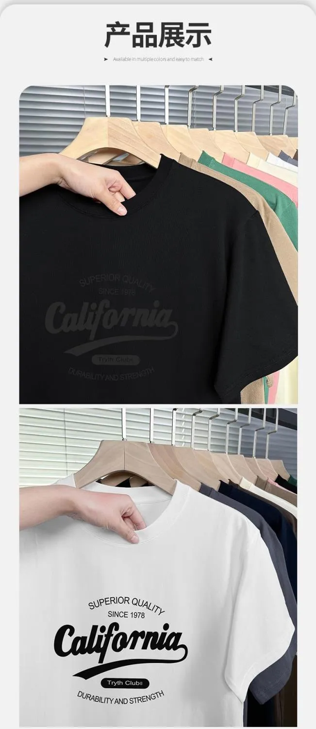 Men's 200g Heavy American Cotton T-Shirt - Short Sleeve Loose Fit Crewneck Tee - Summer Fashion Printed Top for Men showcase 3
