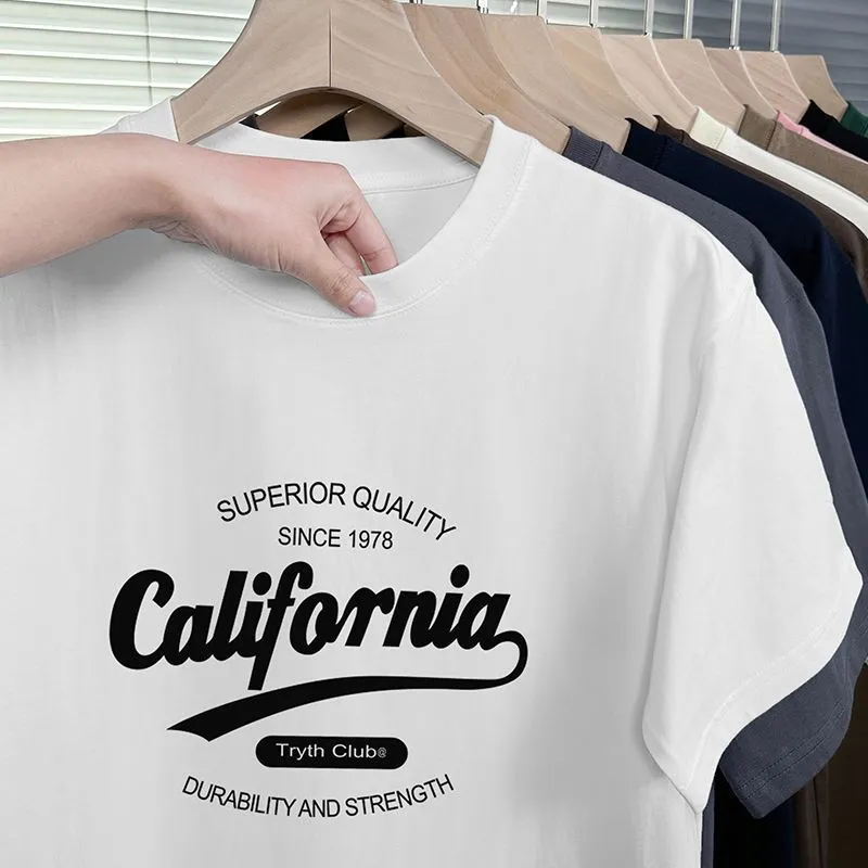 Men's 200g Heavy American Cotton T-Shirt - Short Sleeve Loose Fit Crewneck Tee - Summer Fashion Printed Top for Men thumbnail 3