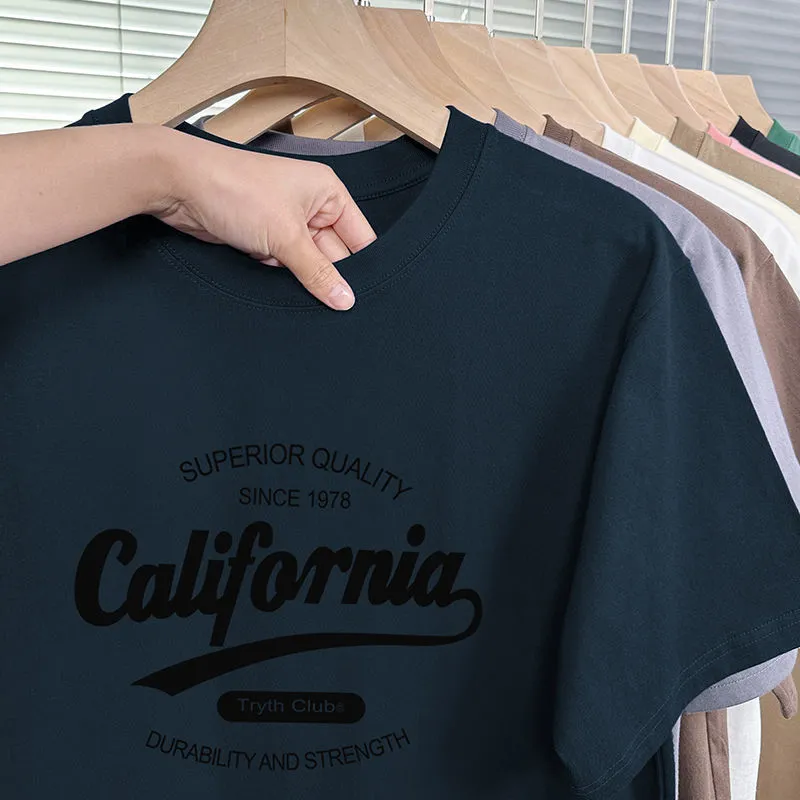 Men's 200g Heavy American Cotton T-Shirt - Short Sleeve Loose Fit Crewneck Tee - Summer Fashion Printed Top for Men thumbnail 5