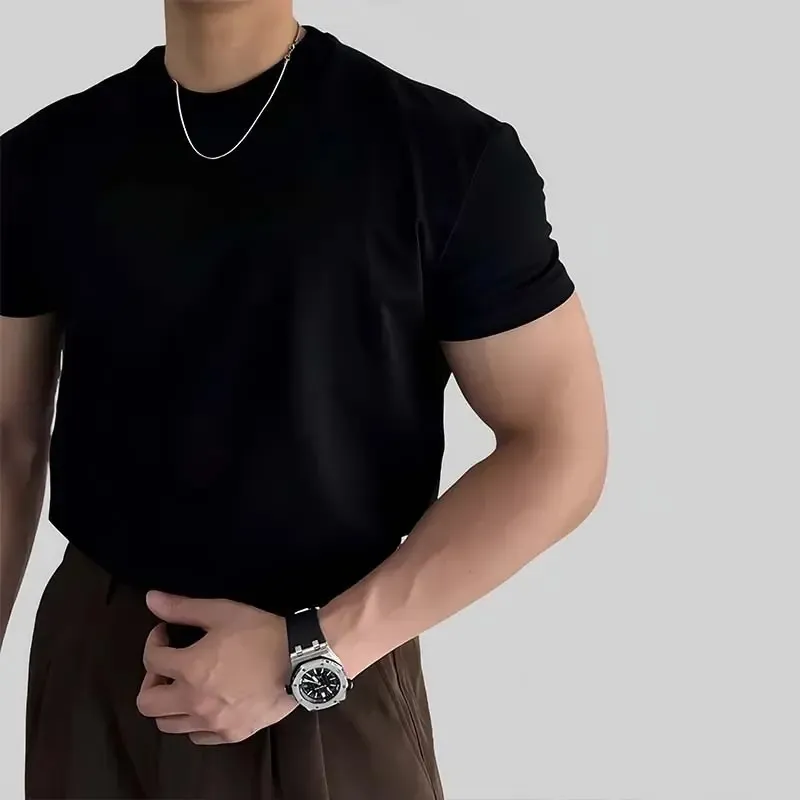 Men's Slim Fit Short Sleeve T-Shirt Korean Style Round Neck Solid Color Fashion Top 2025 New Solona Shoulder Casual Tee thumbnail 1