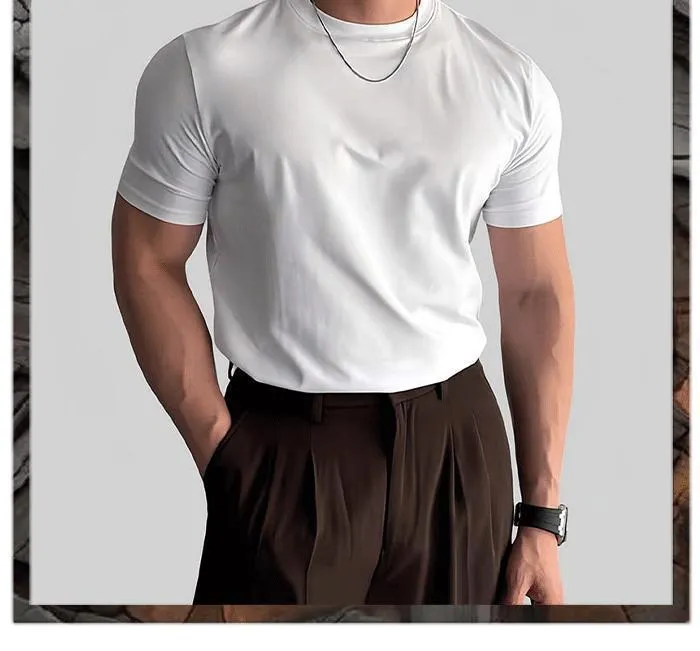 Men's Slim Fit Short Sleeve T-Shirt Korean Style Round Neck Solid Color Fashion Top 2025 New Solona Shoulder Casual Tee showcase 13