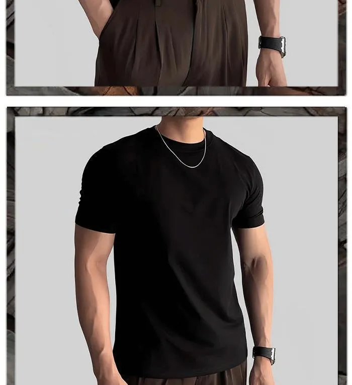 Men's Slim Fit Short Sleeve T-Shirt Korean Style Round Neck Solid Color Fashion Top 2025 New Solona Shoulder Casual Tee showcase 10
