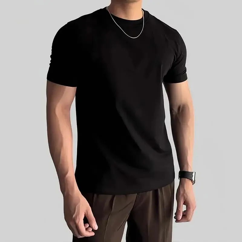 Men's Slim Fit Short Sleeve T-Shirt Korean Style Round Neck Solid Color Fashion Top 2025 New Solona Shoulder Casual Tee thumbnail 3