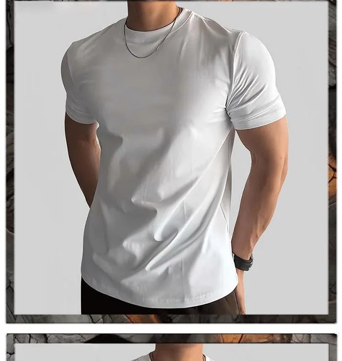 Men's Slim Fit Short Sleeve T-Shirt Korean Style Round Neck Solid Color Fashion Top 2025 New Solona Shoulder Casual Tee showcase 12