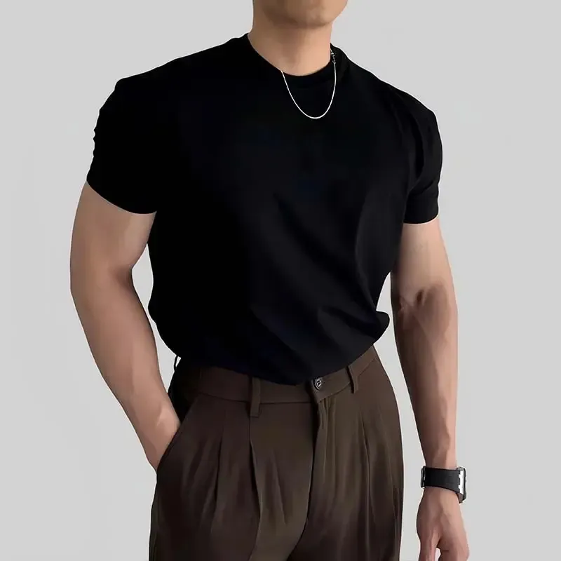 Men's Slim Fit Short Sleeve T-Shirt Korean Style Round Neck Solid Color Fashion Top 2025 New Solona Shoulder Casual Tee thumbnail 6