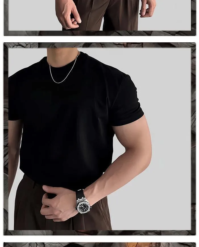 Men's Slim Fit Short Sleeve T-Shirt Korean Style Round Neck Solid Color Fashion Top 2025 New Solona Shoulder Casual Tee showcase 11