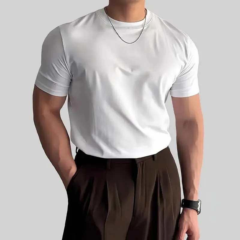 Men's Slim Fit Short Sleeve T-Shirt Korean Style Round Neck Solid Color Fashion Top 2025 New Solona Shoulder Casual Tee thumbnail 4