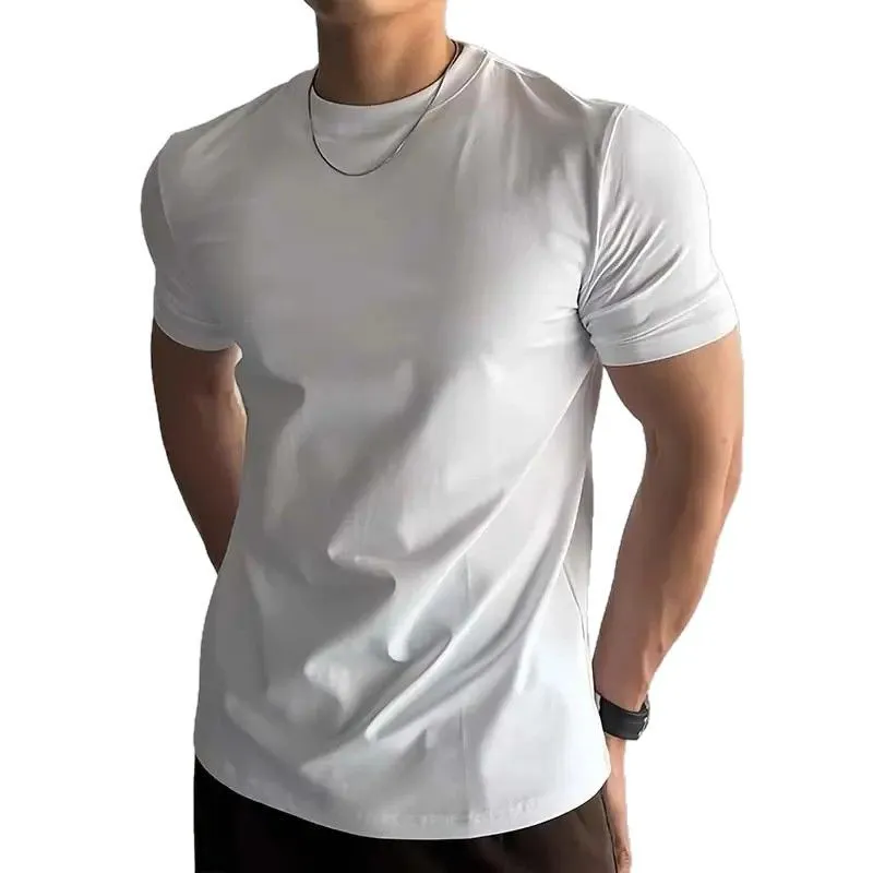 Men's Slim Fit Short Sleeve T-Shirt Korean Style Round Neck Solid Color Fashion Top 2025 New Solona Shoulder Casual Tee thumbnail 5