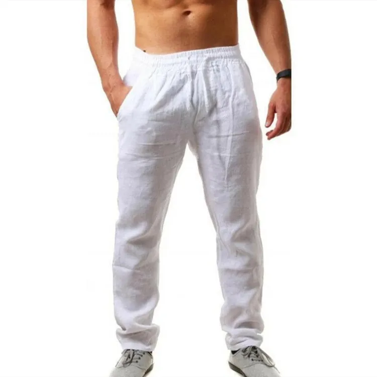 Men's Summer Cotton Linen Trousers - Lightweight Breathable Loose Fit Casual Pants - European American Hip-Hop Style - Solid Color Drawstring Waist thumbnail 7