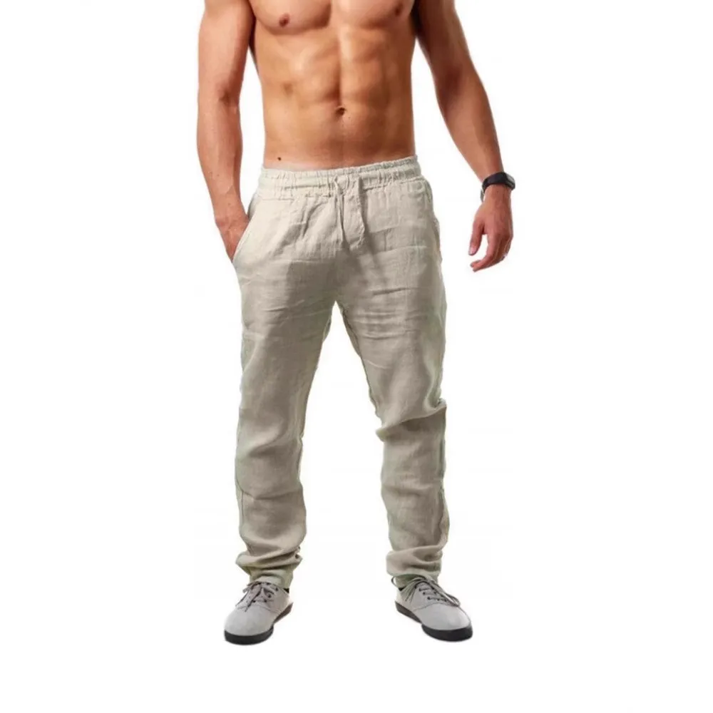 Men's Summer Cotton Linen Trousers - Lightweight Breathable Loose Fit Casual Pants - European American Hip-Hop Style - Solid Color Drawstring Waist thumbnail 4