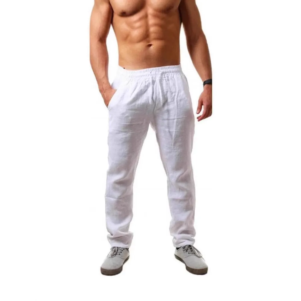 Men's Summer Cotton Linen Trousers - Lightweight Breathable Loose Fit Casual Pants - European American Hip-Hop Style - Solid Color Drawstring Waist thumbnail 1