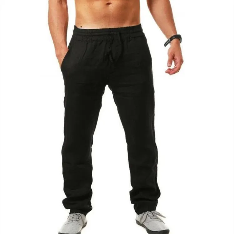 Men's Summer Cotton Linen Trousers - Lightweight Breathable Loose Fit Casual Pants - European American Hip-Hop Style - Solid Color Drawstring Waist thumbnail 9