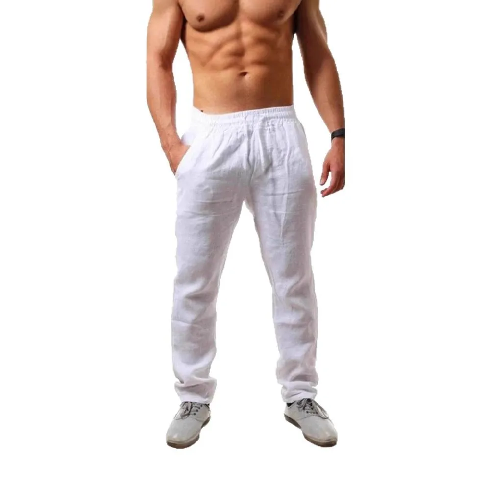 Men's Summer Cotton Linen Trousers - Lightweight Breathable Loose Fit Casual Pants - European American Hip-Hop Style - Solid Color Drawstring Waist thumbnail 5
