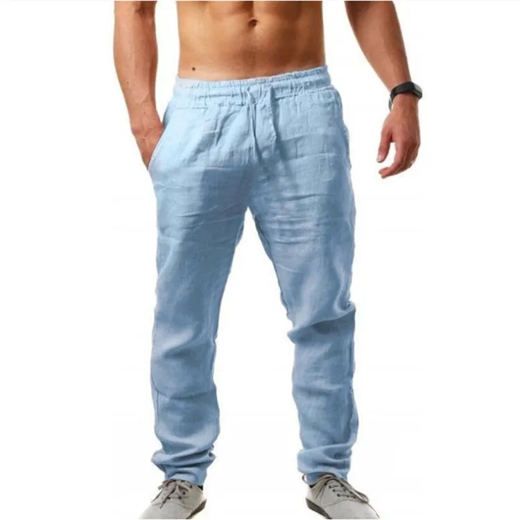 Men's Summer Cotton Linen Trousers - Lightweight Breathable Loose Fit Casual Pants - European American Hip-Hop Style - Solid Color Drawstring Waist thumbnail 8