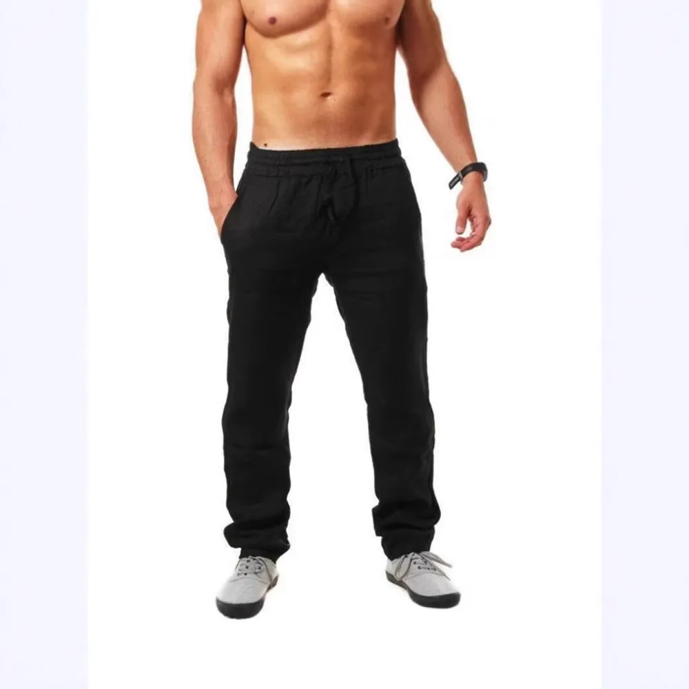 Men's Summer Cotton Linen Trousers - Lightweight Breathable Loose Fit Casual Pants - European American Hip-Hop Style - Solid Color Drawstring Waist thumbnail 3