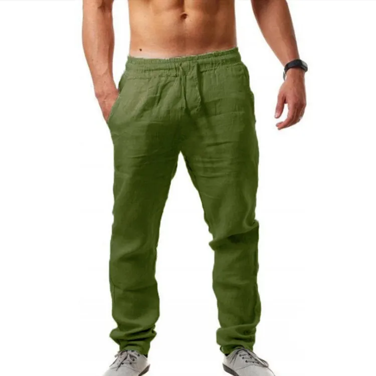 Men's Summer Cotton Linen Trousers - Lightweight Breathable Loose Fit Casual Pants - European American Hip-Hop Style - Solid Color Drawstring Waist thumbnail 6