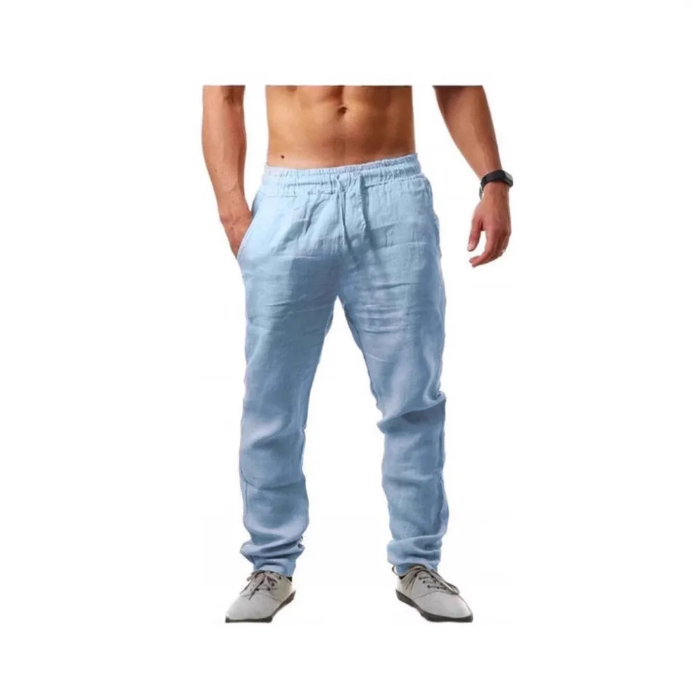 Men's Summer Cotton Linen Trousers - Lightweight Breathable Loose Fit Casual Pants - European American Hip-Hop Style - Solid Color Drawstring Waist thumbnail 2