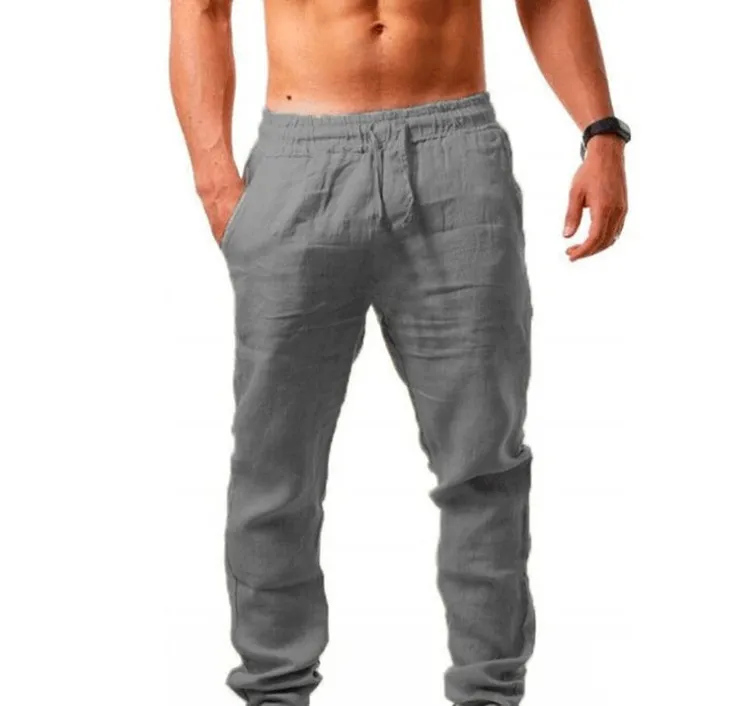 Men's Summer Cotton Linen Trousers - Lightweight Breathable Loose Fit Casual Pants - European American Hip-Hop Style - Solid Color Drawstring Waist thumbnail 10