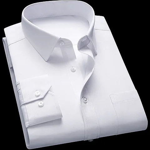 Men's White Long Sleeve Dress Shirt - Solid Color Korean Style Business Casual Non-Iron Cotton Shirt for Office, Work, and Everyday Wear