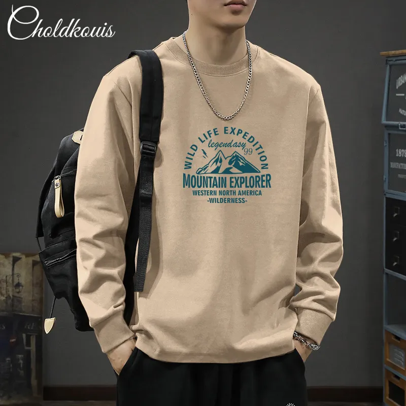 Men's Long Sleeve Cotton T-Shirt - Casual Round Neck Tee for Spring & Fall - Fashionable Patterned Bottoming Shirt for Boys and Men thumbnail 1