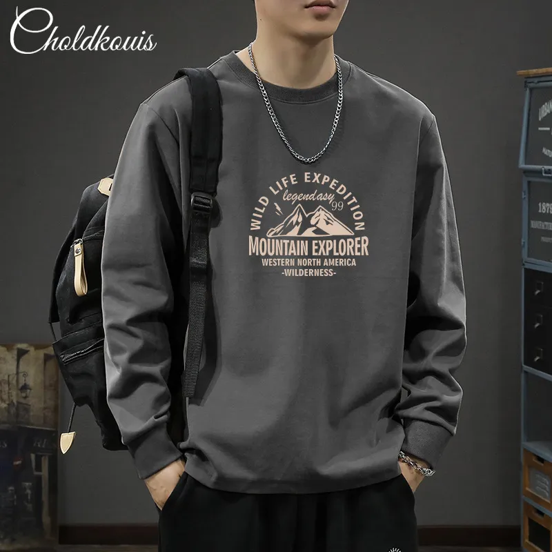 Men's Long Sleeve Cotton T-Shirt - Casual Round Neck Tee for Spring & Fall - Fashionable Patterned Bottoming Shirt for Boys and Men thumbnail 2