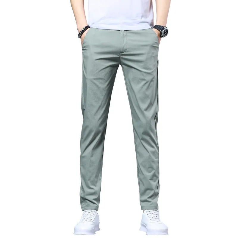 Men's Slim Fit Straight Leg Casual Pants - Breathable Stretchy Ice Silk Trousers for Spring & Summer - Trendy Versatile Wholesale Men's Clothing thumbnail 5