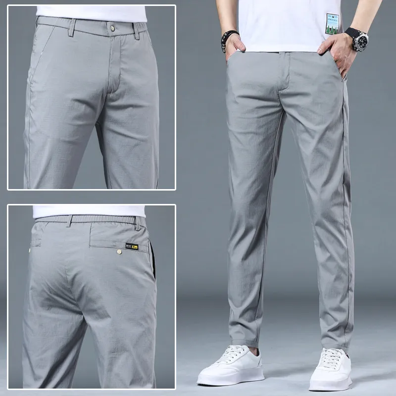 Men's Slim Fit Straight Leg Casual Pants - Breathable Stretchy Ice Silk Trousers for Spring & Summer - Trendy Versatile Wholesale Men's Clothing thumbnail 3