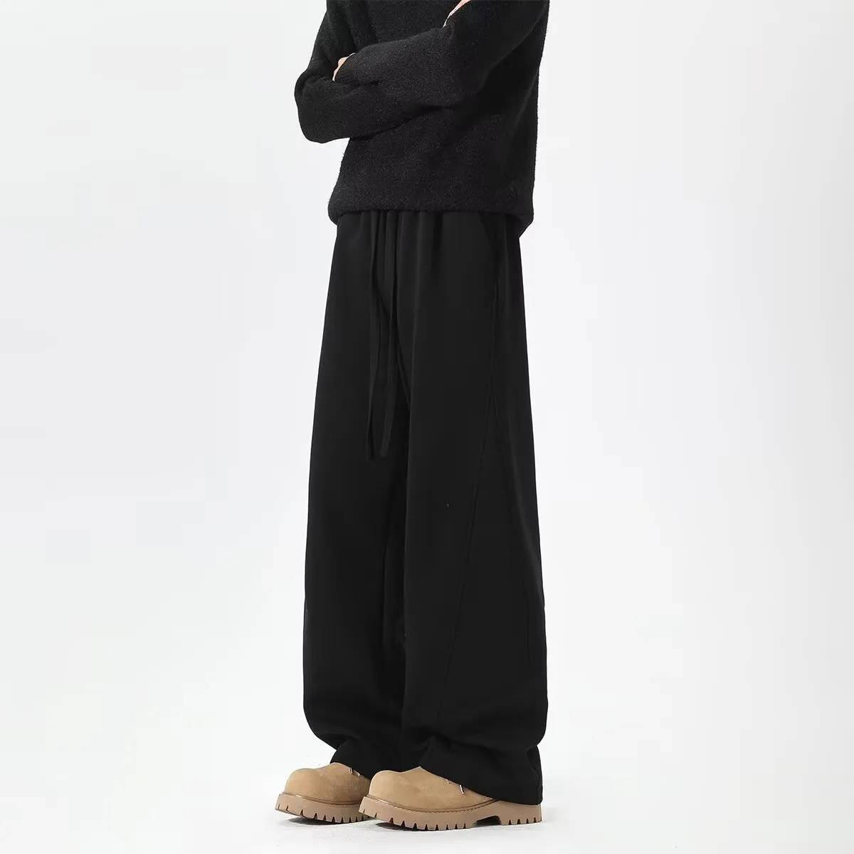 Men's Heavyweight Curved Hem Sweatpants - American Style Autumn Trendy Spliced Wide-Leg Sports Pants - Retro Drape Versatile Casual Trousers for Men thumbnail 9